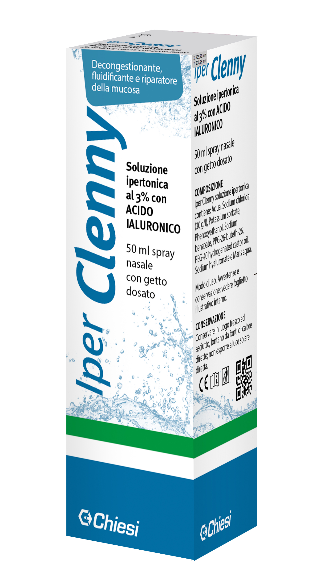 Immagine della confezione di Iper Clenny spray nasale, dispositivo medico di Chiesi Farmaceutici S.p.A.